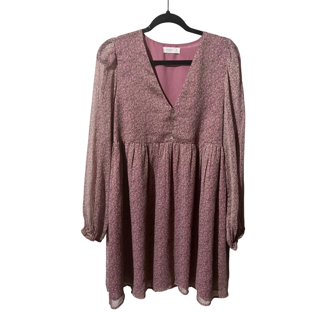 Primark Womens Floral Babydoll Mini Dress Purple Long Sleeve Pleated L